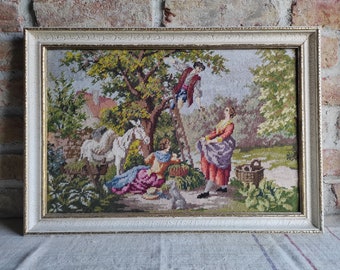 Scena pastorale Gobelin Needlepoint / Arazzo da appendere alla parete / Grande immagine incorniciata vintage / Arte pixelata ricamata / Raccolta delle mele della fattoria