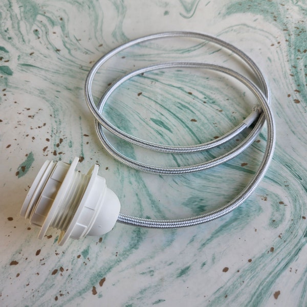 Custom Textile Cable E27 Lamp Kit | 3 Core DIY Electrical Fabric Flex | Coloured Lamp Cord | Metallic Silver Woven Cable