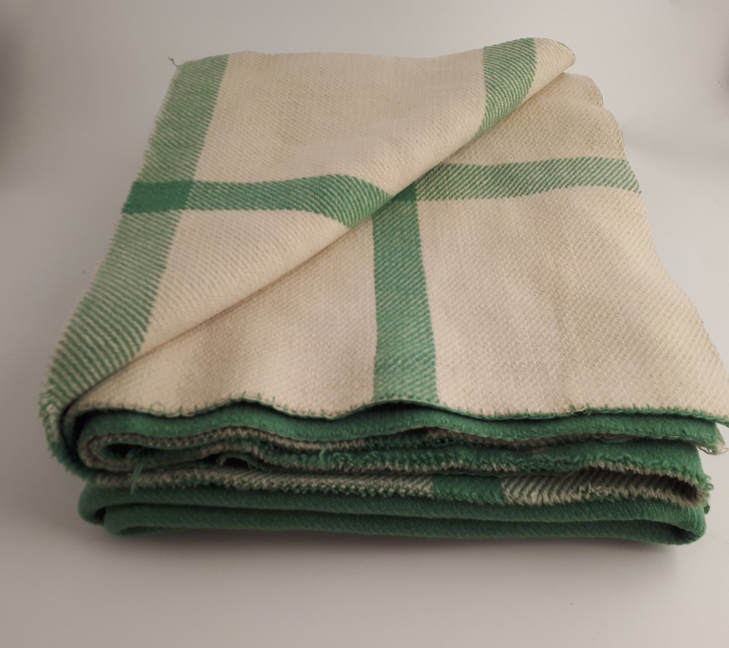 Vintage Wool Blanket Green and Cream Checked Blanket Throw Etsy