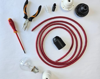 DIY Anhänger Licht Schnur | Natur Jute Kirschrot Textilkabel geflochten | 3 Kern (2 Kern Kompatibel) | Benutzerdefinierte DIY Deckenlampe Kit | E27 Fassung
