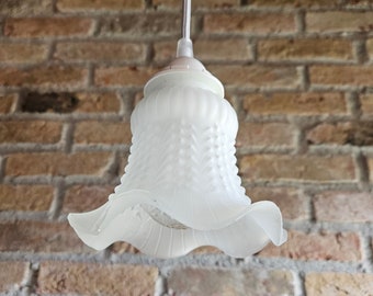 Vintage Frosted Glass Pendant Light | Small Scalloped Frilly Shade Lamp | White Quilted Glass Ceiling Light
