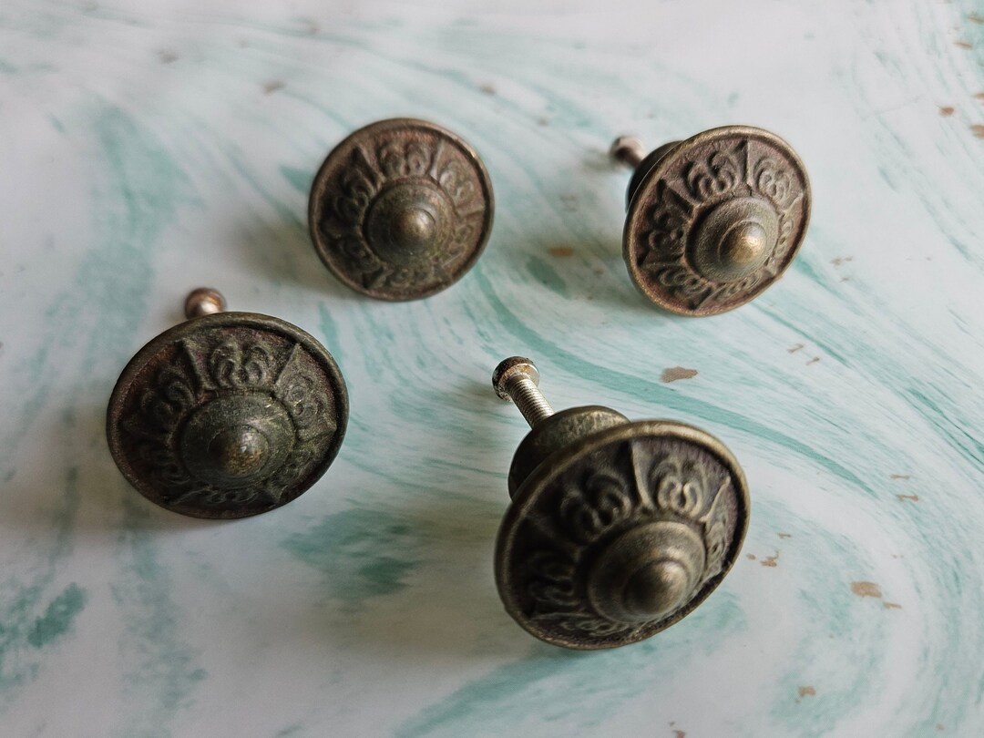 Vintage Brass Drawer Knobs Set of 4 Grecian Style Metal Pulls Kitchen