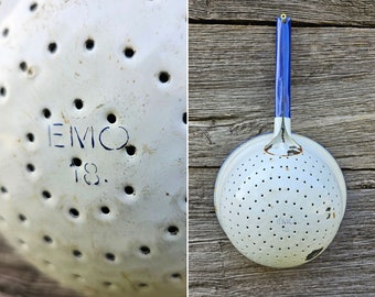 Vintage Enamel Colander Set | Old Enamel Sieve | 50s Metal Strainers | Country Farmhouse Kitchen Wear | Blue & White Pasta Sieve Enamelware