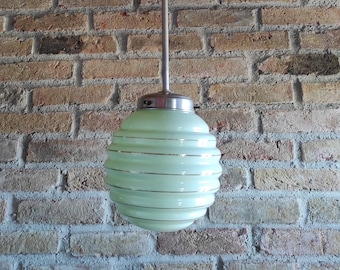 Art Deco Globe Light | Mint Green Gold Metallic Stripes | Glass Round Ball Pendant Lamp | Chrome Metal Lamp Kit | 50s Ribbed Pastel Shade