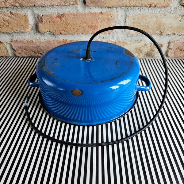 Up Cycled Enamel Light | Vintage Metal Pendant Shade | 50s Cobalt Blue Pan Light | Repurposed Kitchen Light | Black Textile Cable Lamp Kit