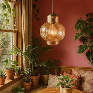 Amber Swag Light | Clear Glass Globe Lamp | Vintage 70s Pendant Ceiling Shade | Gold Brass & Black Lamp Kit | Black Textile Cable