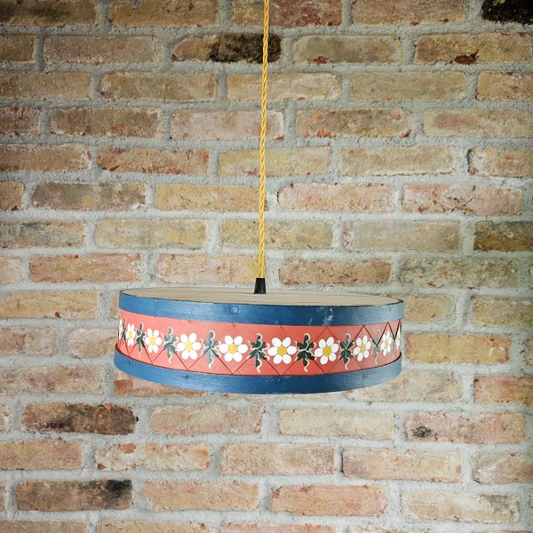 Up Cycled Bamboo Light | Floral Vintage Pendant Lamp | Steam Bent Wood Light | Yellow Twisted Textile Cable | Hand Painted Flower Lampshade