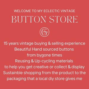 May include: A red background with white text that reads "WELCOME TO MY ECLECTIC VINTAGE BUTTON STORE". Below the text is a white logo with the letters "H" and "G" intertwined. The text below the logo reads "15 years vintage buying & selling experience Beautiful Hand sourced buttons from bygone times Reusing & Up-cycling materials to help you get creative or collect & display Sustainable shopping from the product to the packaging that a local diy store gives me".