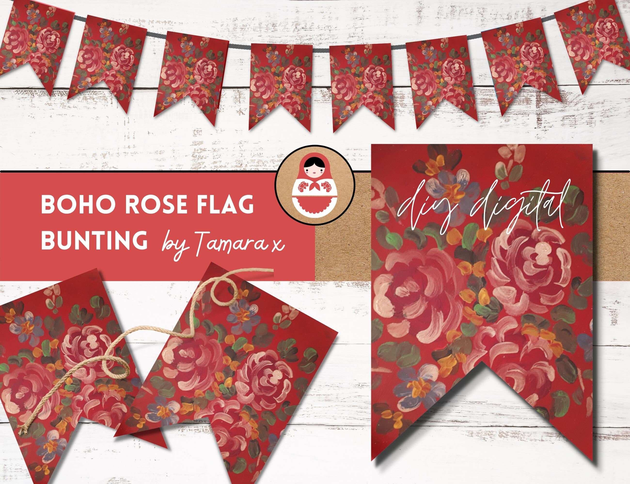Boho Flag Bunting Banner Rose Floral Printable Bunting Etsy