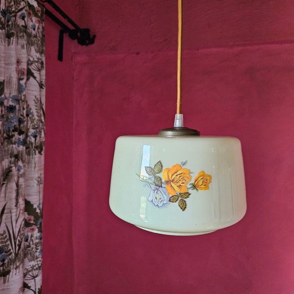 Vintage Rose Floral Bouquet Glass Light | Flower Pattern Lampshade | Milk Glass Pendant Ceiling Light | Gold Textile Cable & Brass Lamp Kit