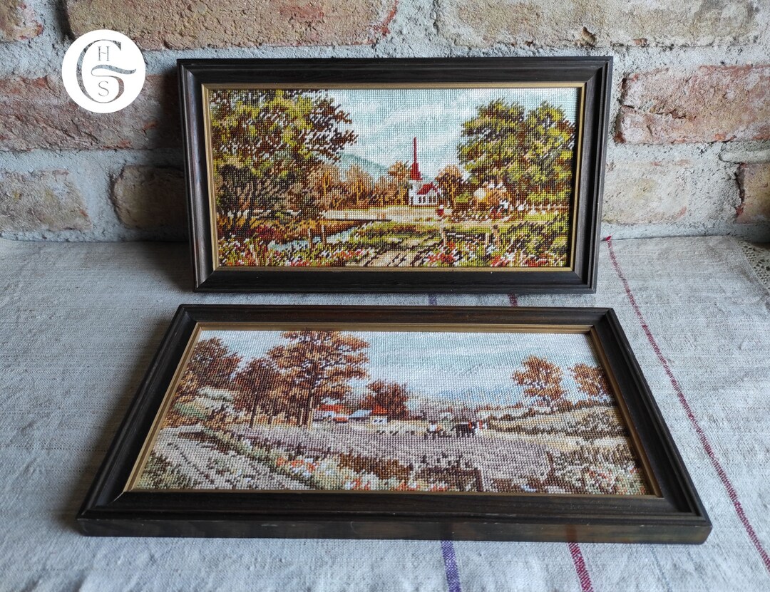 Vintage Pastoral Scene Gobelin Needlepoint Set of 2 X Wall Hanging