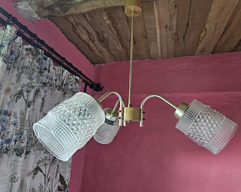 Kitsch 70s 3 Arm Chandelier | Patterned Glass Vintage Pendant Light | Mid Century
