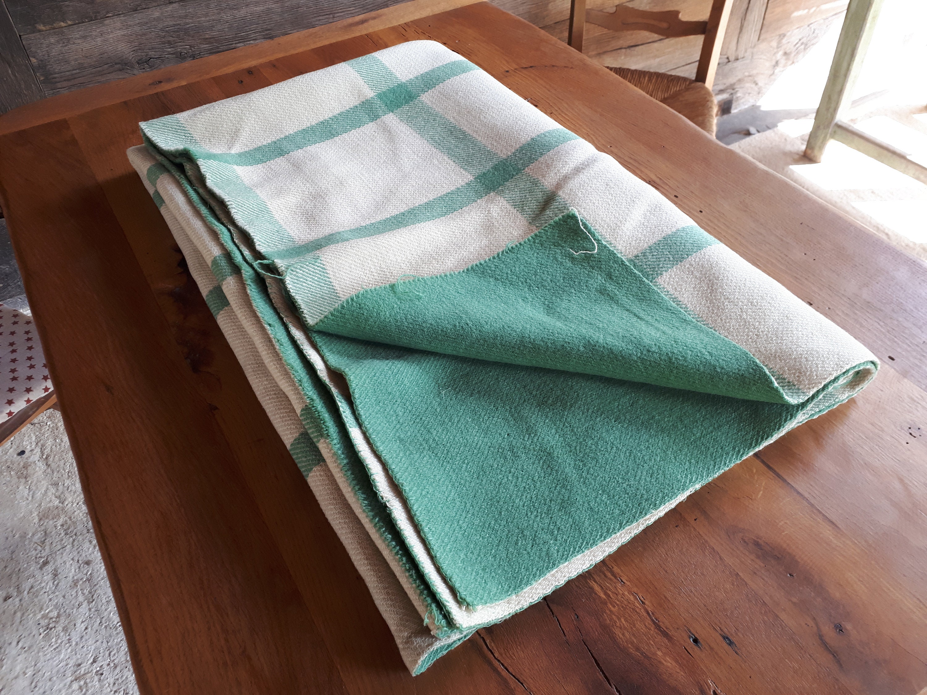 Vintage Wool Blanket Green and Cream Checked Blanket Throw Etsy