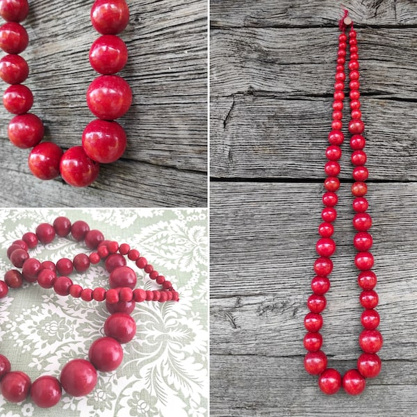 Chunky Wood Necklace | Long Cherry Red Wooden Beaded Necklace | Boho Large Natural Quality Statement Jewellery | Comes in Keepsake Gift Box