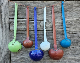 Vintage Enamel Ladles | Serving Utensils | Enamel Coated Soup Spoons | Coloured Serving Ladles | Cottage Farmhouse Kitchen Utensils