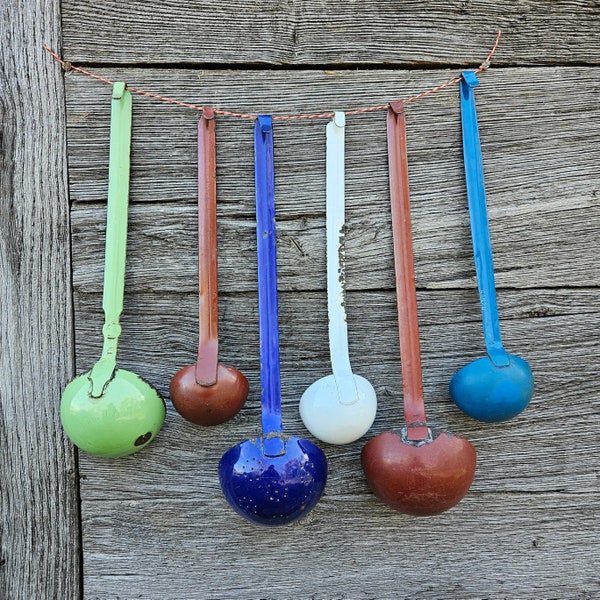 Vintage Enamel Ladles | Serving Utensils | Enamel Coated Soup Spoons | Coloured Serving Ladles | Cottage Farmhouse Kitchen Utensils