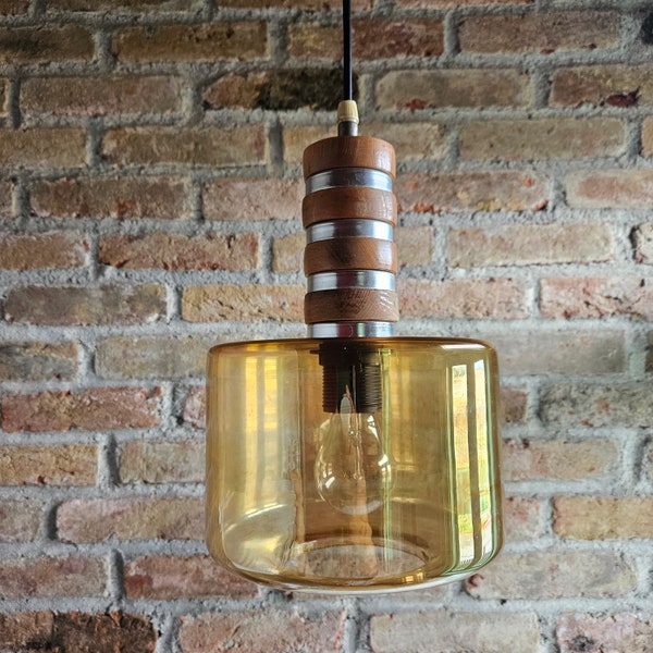 Vintage Iridescent Amber Glass Light | Wood and Aluminium Pendant | 70s Mid Century Modern Lampshade | Black Cable Lamp Kit