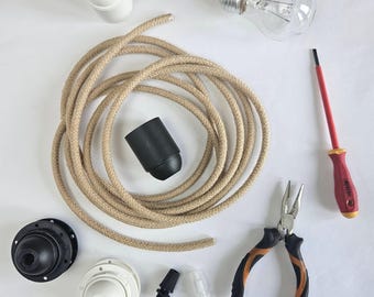 DIY Anhänger Licht Schnur | Natürliches Jute Textilkabel geflochten | 3 Kern (2 Kern Kompatibel) | Benutzerdefinierte Deckenlampen-Kit | E27 Fassung