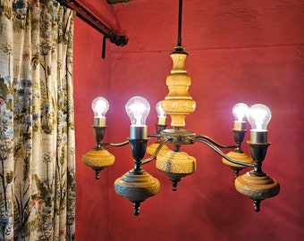 Vintage Hollywood Regency Ceramic Brass Chandelier | 5-Arm Light