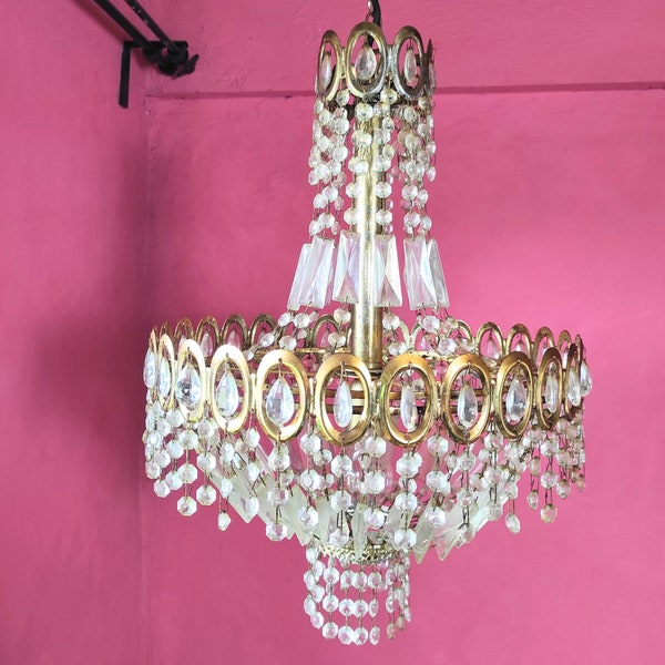 Vintage Empire Crystal Chandelier | Gold Gilt Hollywood Regency Pendant Light | Luxury Brass Ceiling Light | Opulent Cascading Glass Light