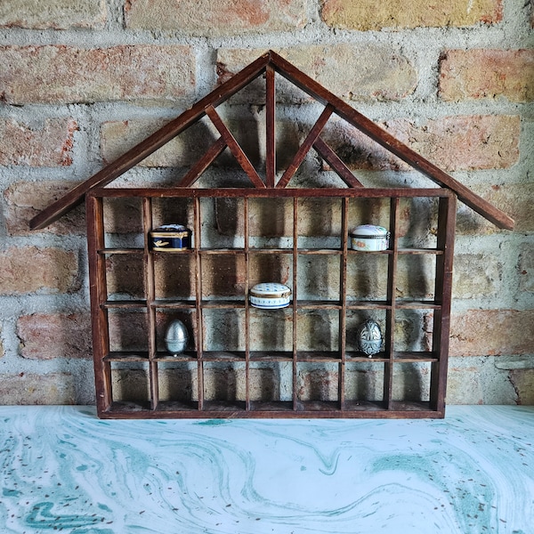 Vintage Keepsake Display Shelves | House Shape Box | Wooden Nursery Shelf Unit | Dollhouse Display Case | Old Curios & Crystals Wall Cabinet