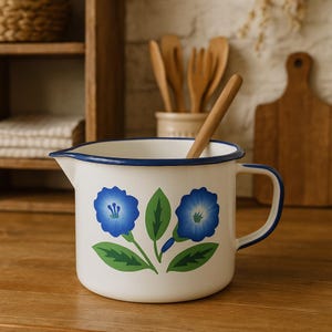 Vintage Yugoslavia Enamel Mug with Spout | Blue & Green Floral Design | Retro Enamelware Jug | Rustic Farmhouse Kitchen or Camping Decor