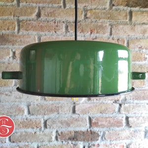 Up Cycled Enamel Light | Vintage Metal Pendant Lampshade | 50s Bottle Green Pan Light | Repurposed Kitchen Light