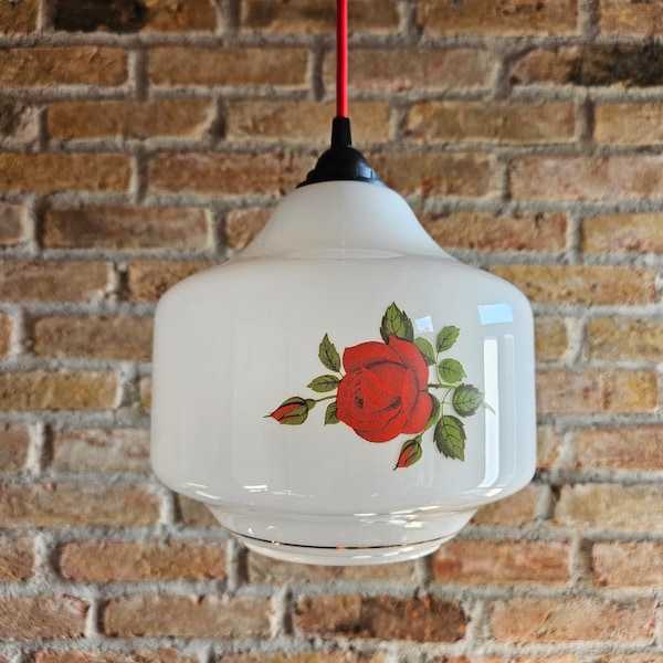 Vintage Rose Floral Light | Milk White Glass Pendant Lamp | Opaline Ceiling Light | Flower Bouquet Motif & Gold Stripes | Red Textile Cable