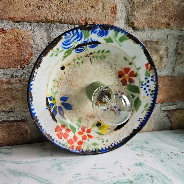 Up Cycled Enamel Wall Light | Vintage Metal Floral Bouquet Pattern Lamp | 50s Blue Green & Red Flower Bowl Light | Repurposed Kitchen Light