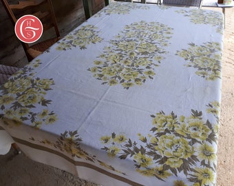 Vintage Yellow Daisy & Rose Print Tablecloth | Rectangle Premium Linen Tablecloth | Large Oversize Floral Tablecloth | Flower Wall Tapestry