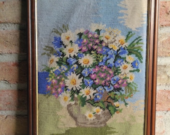Spring Flowers in Vase Gobelin Needlepoint | Vintage Floral Wall Hanging Tapestry | Gold & Wood Framed Picture | Embroidered Pixelated Art