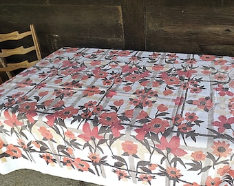 Vintage Linen Floral Tablecloth | Rectangle Coral & Grey Flower Tablecloth | Kitchen Tablecloth | Gift for Flower Lovers