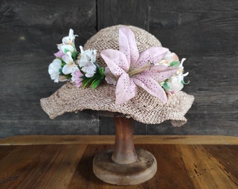 Vintage Floral Hat | All Around Faux Fabric Flower Hat | Blush Pink Pastel Flowers | Floppy Straw Sun Hat | Wedding Hat | Boho Summer Hat