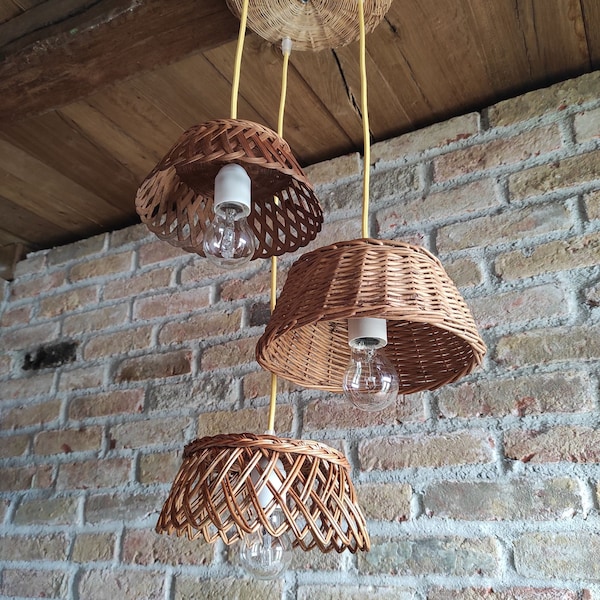 Up Cycled Vintage Basket Triple Pendant Light | 70s Fine Rattan Light | Woven Lampshade | Yellow Textile Electrical Cable