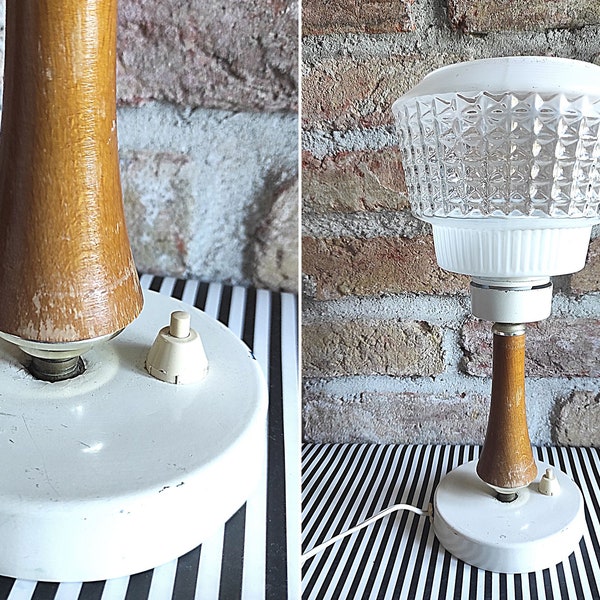 Vintage Glass Table Lamp | Clear & Frosted Milk Glass Light | 70s Retro Uplighter | Mid Century Wood and Metal Lamp Base | Side Table Light