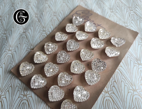 Vintage Heart Buttons | 24 Diamanté Buttons | Czech Glass 1950s | Rare Luxury Paste | Hand Pressed | Antique Buttons | Wedding Dress Buttons
