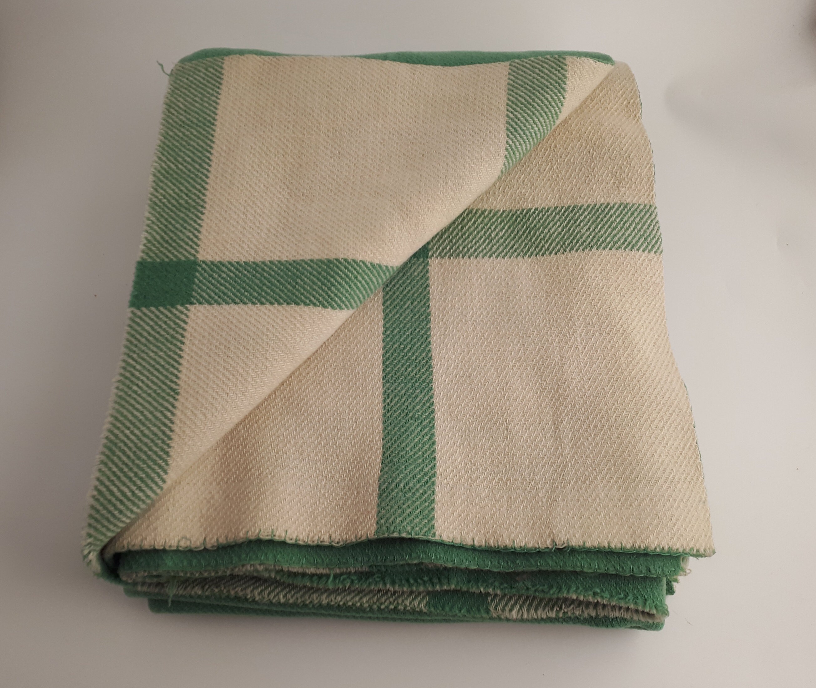 Vintage Wool Blanket Green and Cream Checked Blanket Throw Etsy