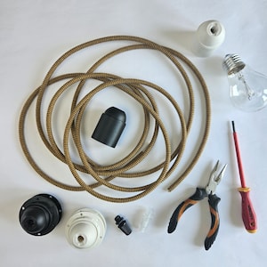 Anpassad textilkabel för lampa | 3-ledarig gör-det-själv-elektrisk tygflex | Dubbelfärgad lampsladd | Sickzackformad gul grå kabel | E27-lamphållare