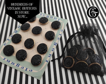 Vintage Two Tone Buttons | Set of 50s Glass Buttons | Black Embossed Buttons | Elegant Shank Sewing Buttons | Gold Edge Carded Buttons