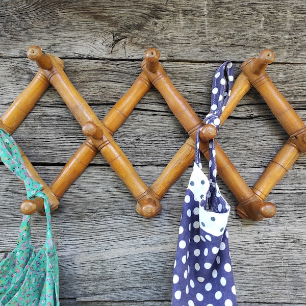 Expandable Coat Rack | Vintage Wood Wall Hooks | Carved Wall Hanger | Towel Rack | Folding Coat Hooks | Farmhouse Peg Hooks | Accordion Rack