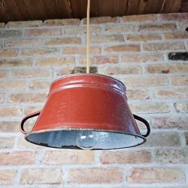 Up-Cycled Enamel Light | Vintage Metal Pendant Lamp | 50s Rustic Brown Colander Light | Repurposed Kitchen Light | Zig Zag Textile Cable