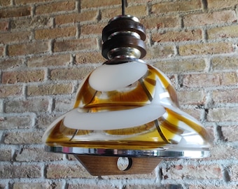 Mazzega Murano-Glasleuchte | Statische oder herunterziehbare Vintage-Pendelleuchte | Seltenes Opal-Bernstein-Swirl-Kunstglas | Lampenschirm aus Holz und Chrom aus den 70er Jahren