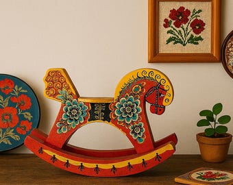 Cavalo de balanço vintage de madeira para decoração | Arte folclórica pintada à mão | Brinquedo escandinavo Rosemaling