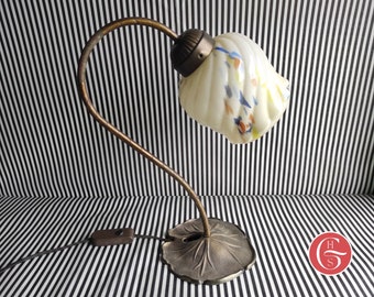 Art Nouveau Murano Glass Table Lamp | Brass Water Lily Pad Light | Irregular Paint Splash Moulded Patterned Glass | Gold Cable and Switch