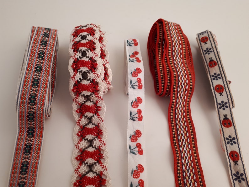 5 x Ribbons and Trims Vintage Woven Ribbon Cherry Ribbon Etsy