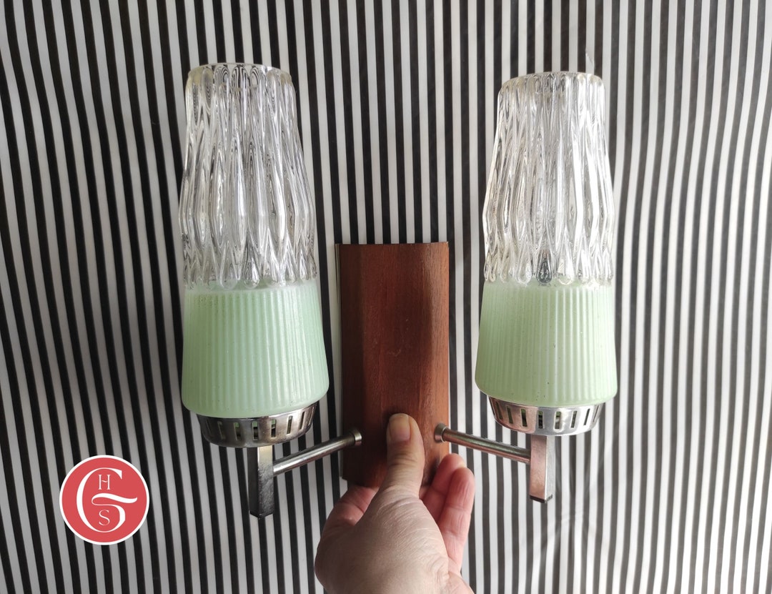 Retro Vintage Double Wall Light Glass Metal & Wood Veneer Sconce Lamp 2 Frosted and Clear Glass