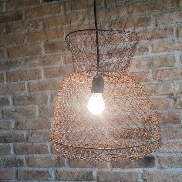 Up Cycled Fish Basket Light | Vintage Woven Wire Rusty Pendant Lamp | Old Fishing Creel Container Light | Urban Rustic Coastal Mesh Lighting