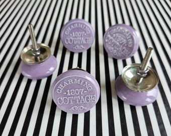 Ceramic Drawer Handles | 5 x Lilac Purple Decorative Pulls | Metal Back Plate Door Knobs | Vintage Hardware Decor |  "Charming 1807 Cottage"