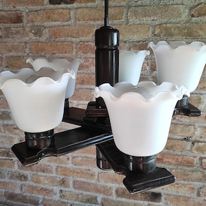 Vintage Milk Glass Flower Chandelier | Wooden 5 Light Ceiling Lamp | 1970s Dekor Zabok