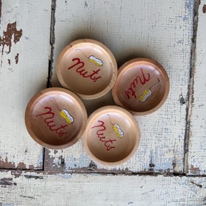 Vintage Woodpecker Wood Ware Nut Bowls: Handpainted MCM Dishes